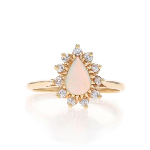 Yellow Gold Opal Diamond Halo Ring - 10k Pear Cabochon .60ctw `